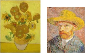 Vincent van Gogh's paintings, Sunflowers (left) and self-portrait (right). Learn how to paint with one of our expert art teachers!