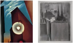 Artworks by Georgia O'Keeffe: New York Street with Home (left) and a charcoal drawing (right).