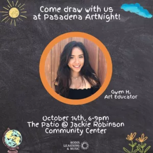 Come draw with us at Pasadena ArtNight! Gwen H., our art educator, will be drawing a chalk portrait of Jackie Robinson while also facilitating a chalk art experience.