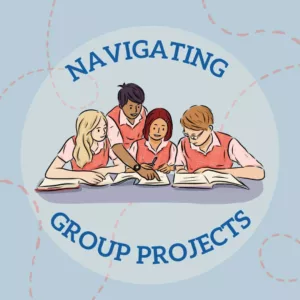 Navigating Group Projects. Image of children working together on a school project. Image contains blue and orange, the latter of which is the main color of Hodis Learning & Music's brand.